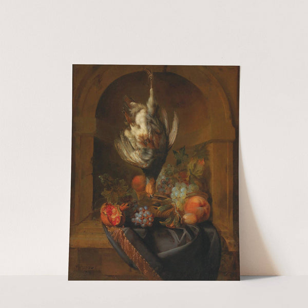 A partridge and fruit in a partially draped niche by Jan Weenix