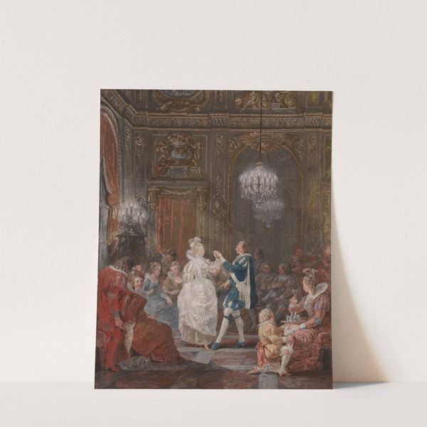 A party in a Louis XVI interior lit by a candelabra and a torchere, with a couple dancing the minuet by Jean Démosthène Dugourc