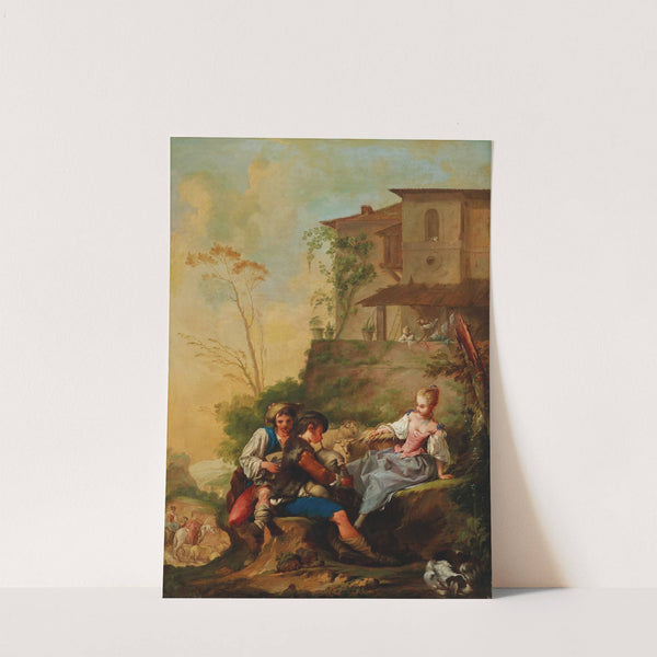 A pastoral scene with two musicians serenading a shepherdess by Jean Barbault