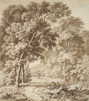 A Path Bordered by Trees with two Beggars and a Couple Strolling