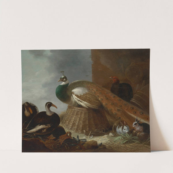 A peacock, a pair of ducks, rabbits and a turkey in a landscape (1641) by Gijsbert Gillisz. de Hondecoeter