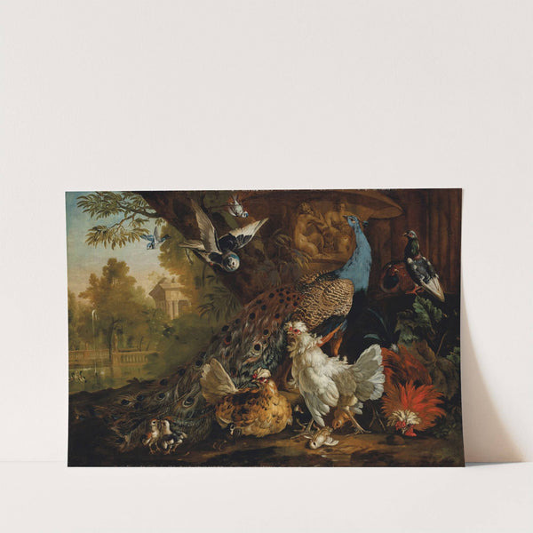 A peacock, chickens, pigeons and other birds in a landscape by Pieter Casteels III
