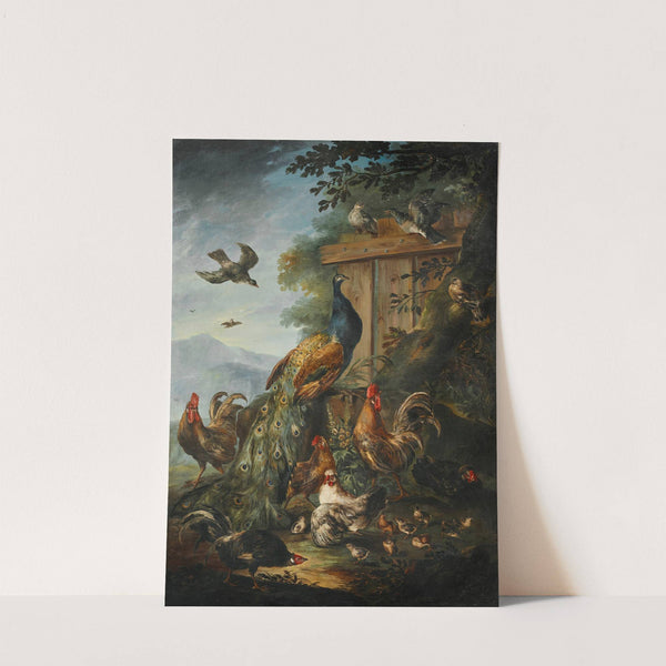 A peacock, cocks, hens and other birds, with a landscape beyond by Giovanni Crivelli