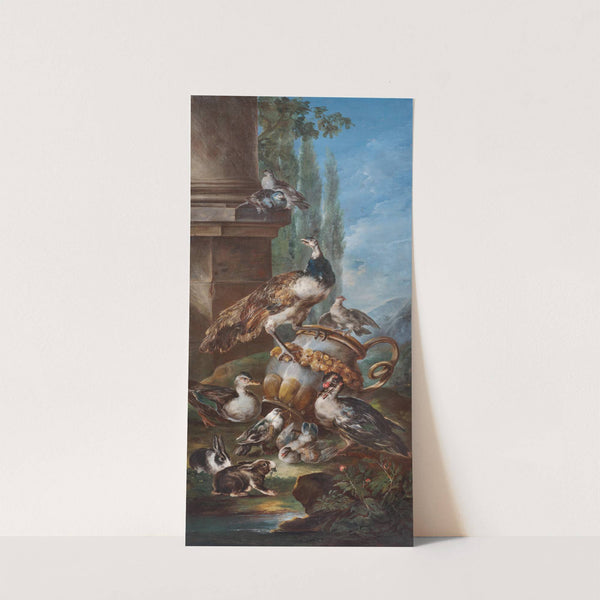 A peacock, pigeons, ducks and rabbits in an idealised landscape by Angelo Maria Crivelli