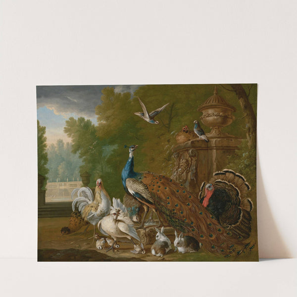 A peacock, turkey, cockerel, hen, pigeons, other birds and rabbits in a park landscape by Pieter Casteels III