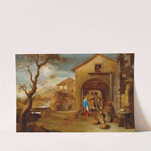 A peasant couple conversing in a farmyard by Gillis Peeters the Elder