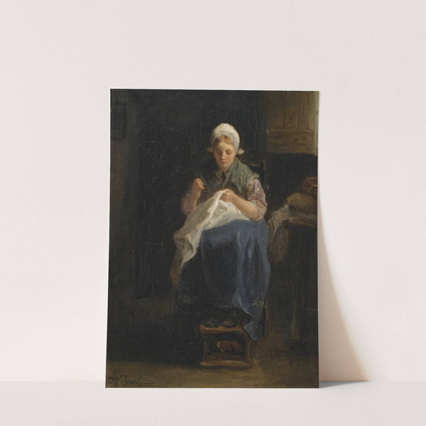 A peasant girl sewing by Jozef Israëls