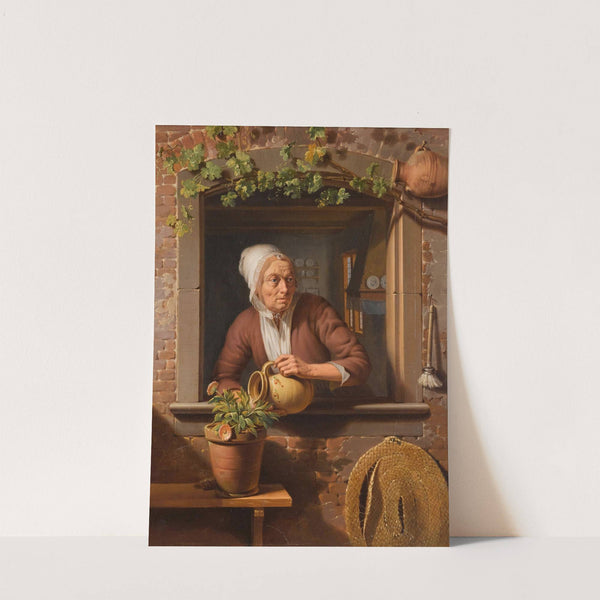 A Peasant Lady Watering A Flower Pot On A Wooden Table With A View Of The Interior Of Her Home In The Background by Simon Besanger