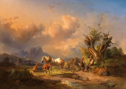 A peasant resting with grazing animals and a foal