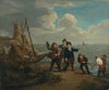 A peddler hawking spirits to fishermen along a windy shoreline