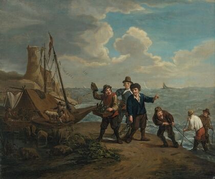 A peddler hawking spirits to fishermen along a windy shoreline