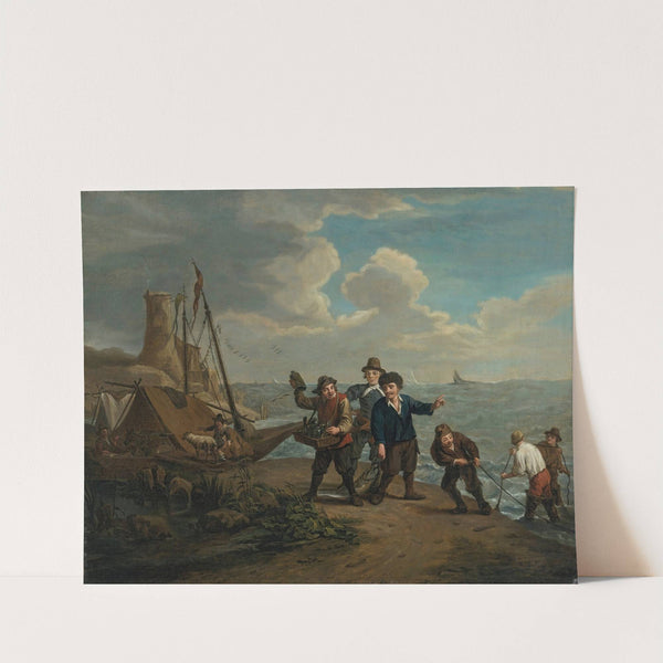 A peddler hawking spirits to fishermen along a windy shoreline by Jan Josef Horemans the Younger