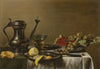 A peeled lemon on a pewter plate, a pewter wine jar, a roemer, gooseberries and redcurrants in a dish, a knife, on a partially draped table