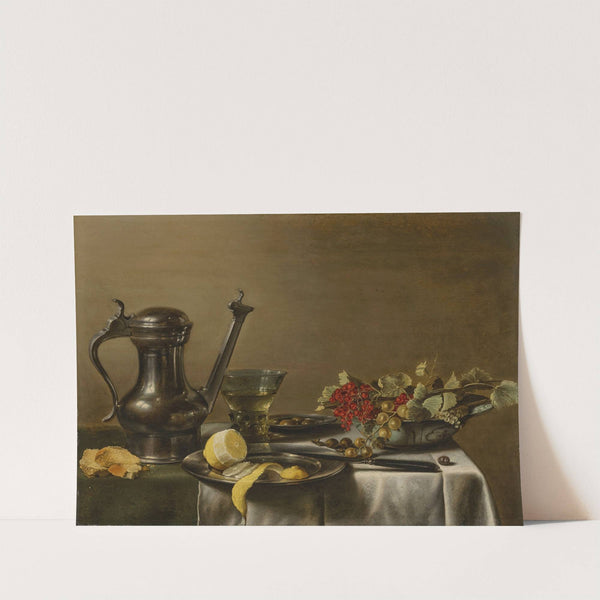A peeled lemon on a pewter plate, a pewter wine jar, a roemer, gooseberries and redcurrants in a dish, a knife, on a partially draped table by Pieter Claesz