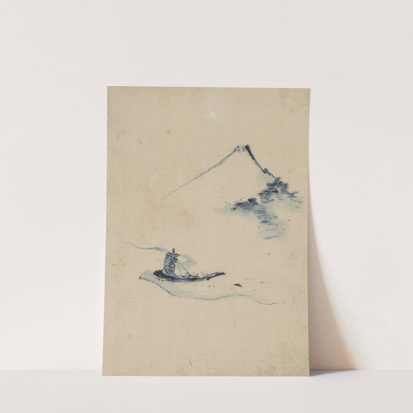 A person in a small boat on a river with Mount Fuji in the background (1830-1850) by Katsushika Hokusai
