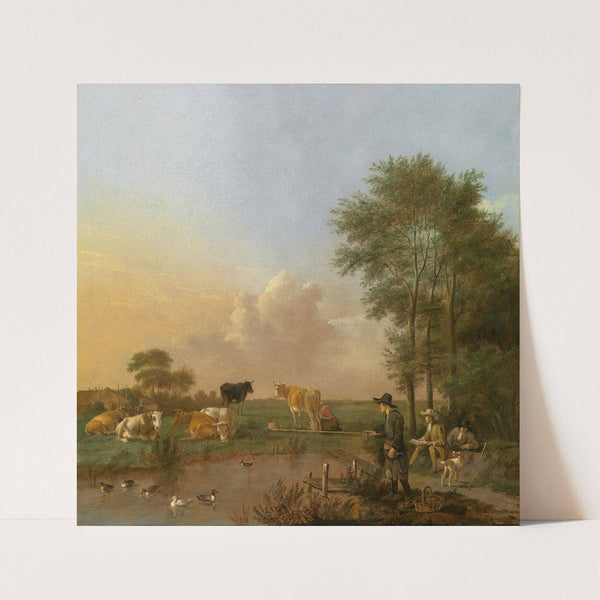A Pond Landscape With A Draughtsman, A Fisherman And Grazing Cattle by Albert Jansz. Klomp