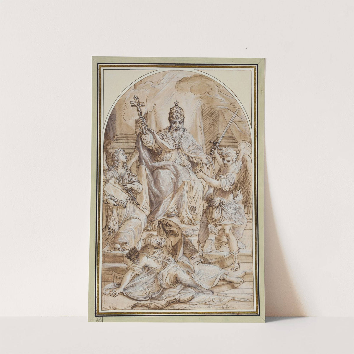 A pope enthroned and flanked by an angel with a book and St Michael slaying a Turk by Andrea Proccaccini