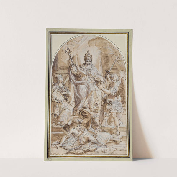 A pope enthroned and flanked by an angel with a book and St Michael slaying a Turk by Andrea Proccaccini