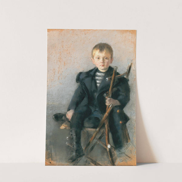 A portrait of a blond boy and black coat with gold button by Olga Boznanska