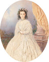 A portrait of a bride with roses in the hair, standing on a balcony