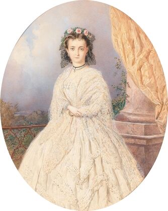 A portrait of a bride with roses in the hair, standing on a balcony