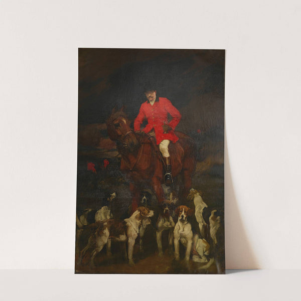 A portrait of Lord R. Alison Johnson on horseback with his hounds ready to set out by Charles Wellington Furse