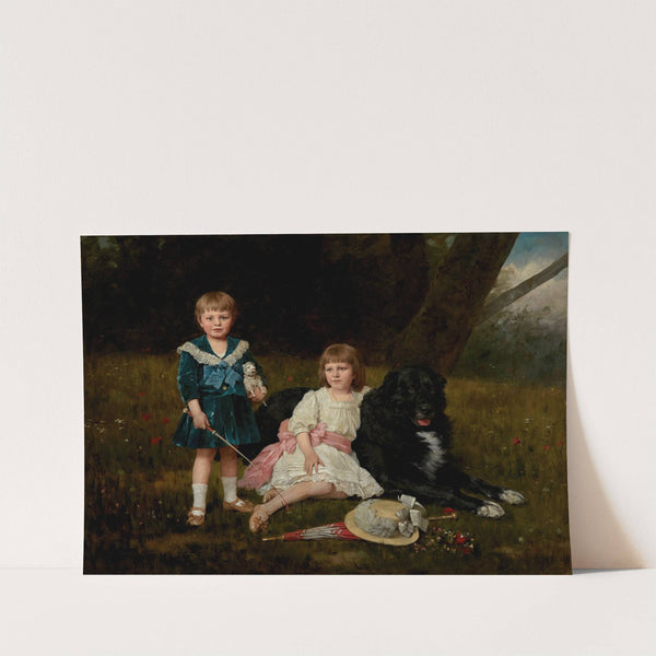 A portrait of two children with their favorite dog in a flowering landscape by Geza Vastagh