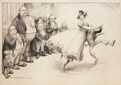 A pretty young woman representing the United States (Columbia) dances unhappily with a short man, possibly President Theodore Roosevelt (1903) — size preview