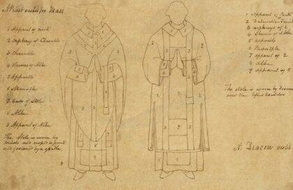 A priest vested for mass; A deacon vested