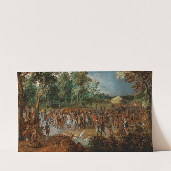 A procession of soldiers on horseback at the entrance of a forest by Sebastian Vrancx