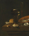 A prunted roemer of sweet wine and red wine in a façon-de-Venise glass, with oysters in an overturned dish and bread, on a ledge