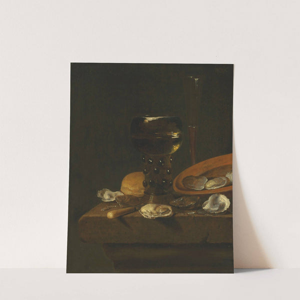 A prunted roemer of sweet wine and red wine in a façon-de-Venise glass, with oysters in an overturned dish and bread, on a ledge by Simon Luttichuys