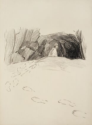 A Prussian soldier enters a cave, leaving large footprints behind him. — size preview