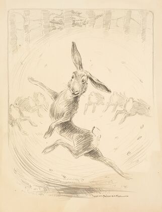 A rabbit dances while six other rabbits run away from him. (1906) — size preview