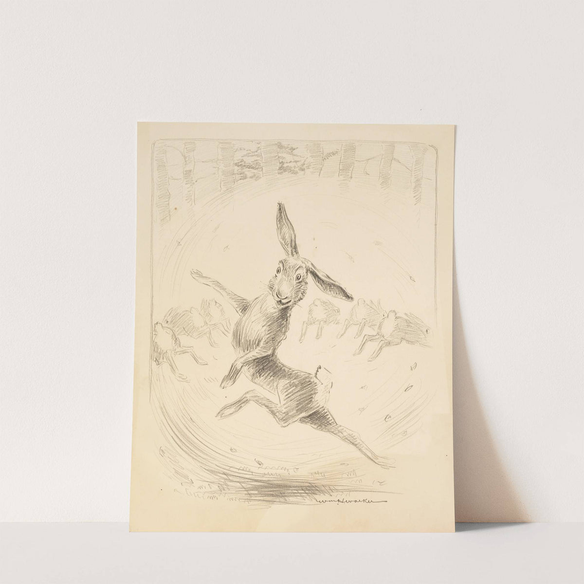 A rabbit dances while six other rabbits run away from him. (1906) by William Henry Walker