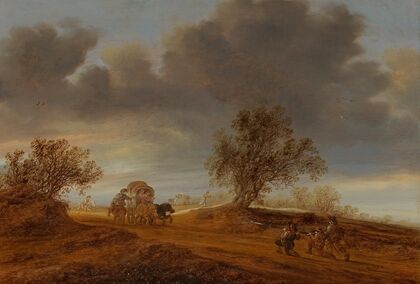 A raid on a horse and wagon in the dunes at sunset