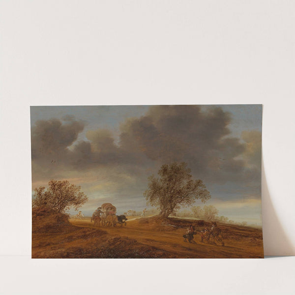 A raid on a horse and wagon in the dunes at sunset by Jacob Salomonsz. van Ruysdael