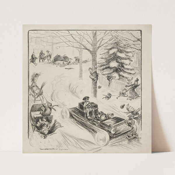 A reckless driver runs over a child, crashes two horse drawn carriages which also results in injuries, and causes pedestrians to run for their lives (1903) by William Henry Walker