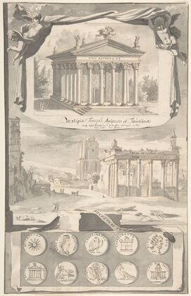 A Reconstruction of the Temple of Antonious and Faustina (above) and a View of the Ruins (below)