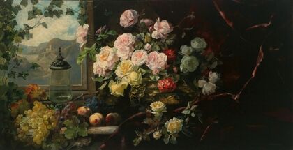 A Rich Bouquet of Flowers in a Brass Pot and Grapes before a Red Curtain