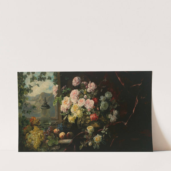 A Rich Bouquet of Flowers in a Brass Pot and Grapes before a Red Curtain by Franz Xaver Birkinger