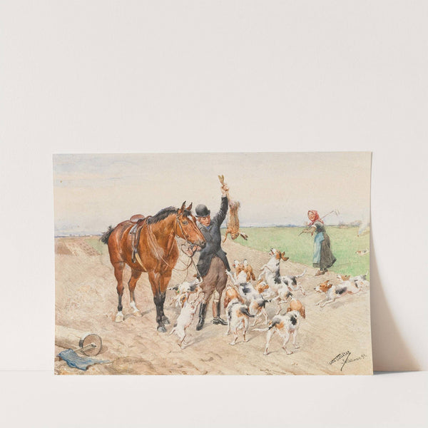 A rider with a dog pack on a field by Ottokar Walter