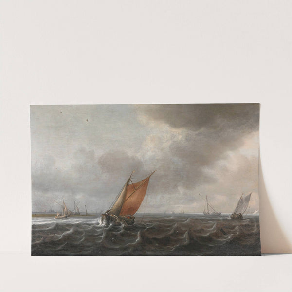 A River Estuary With Light Shipping In A Strong Breeze, A View Of Haarlem Beyond by Justus de Verwer