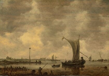 A river estuary with shipping and fishermen on the shore
