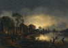A River Landscape At Dusk With And Figures Walking Along A Path Towards A Village To The Left, A Church In The Distance