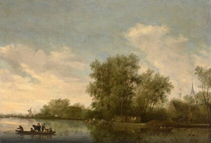 A river landscape with a ferry and fishermen (1645) — size preview