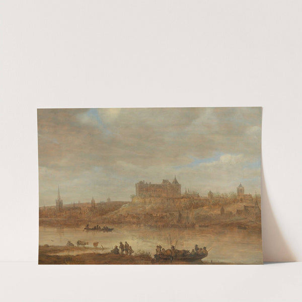 A river landscape with a ferry boat and a castle by a town beyond by Jan van Goyen