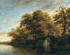 A river landscape with a fisherman on a bridge