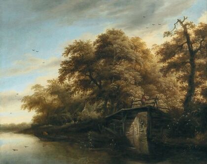 A river landscape with a fisherman on a bridge