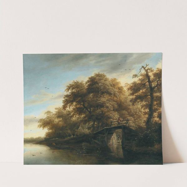 A river landscape with a fisherman on a bridge by Roelof Jansz. van Vries